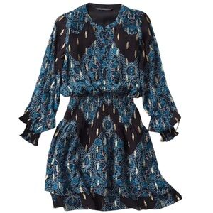 EUC White House Black Market Black Floral Metallic Dot Smocked Waist Dress Small